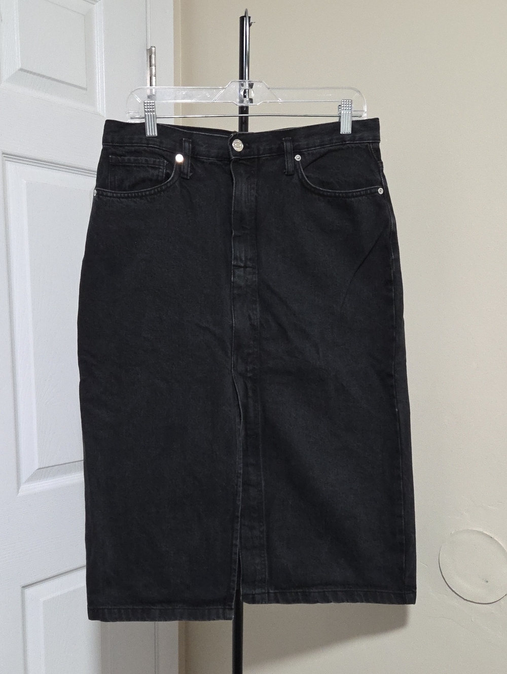 Mango Black Denim Midi Pencil Skirt with Front Slit
